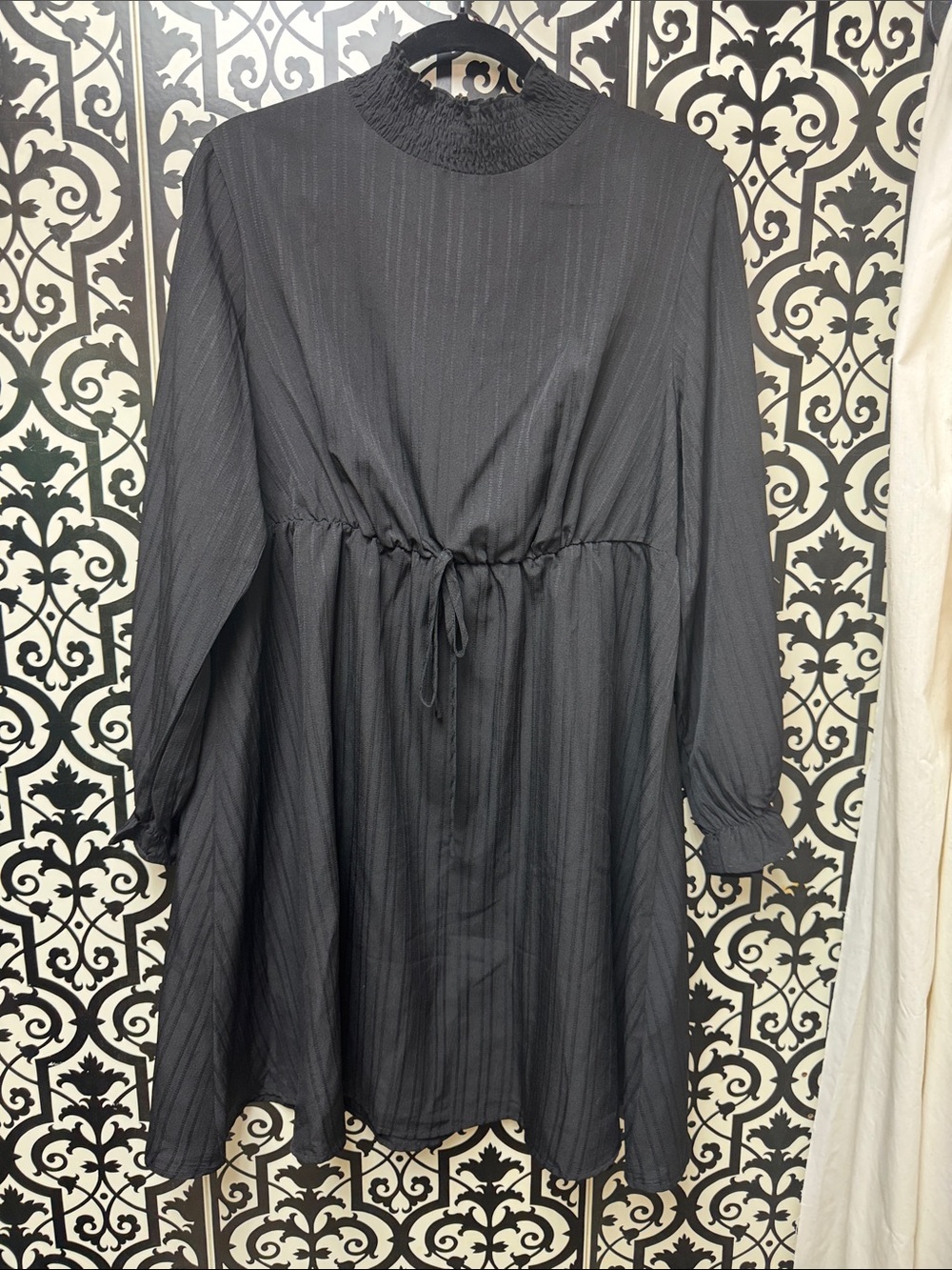 SHEIN Black Long-Sleeve Smocked Neck Faux Drawstring Waist Dress